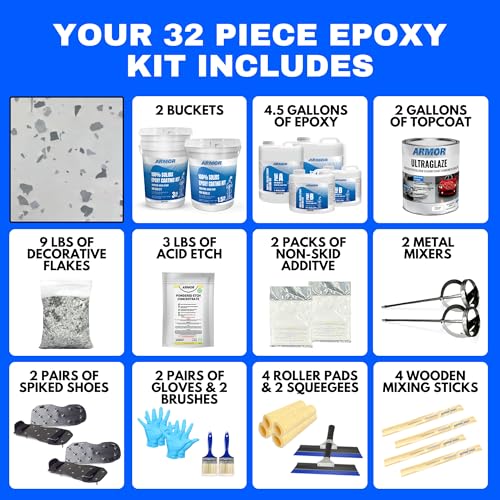 Garage Epoxy Floor Kit – 100% Solids - 2 Part Industrial-Grade Coating w/UltraGlaze Topcoat | DIY Slip & Hot Tire Resistant | 300 Sq Ft - Blue - 17 pc kit