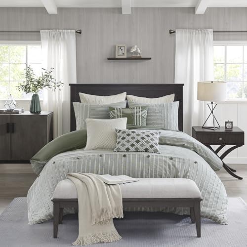 Madison Park King Comforter Set Clipped Jacquard Stripes with Buttons Boho Comforter for a King-Size Bed, Cotton Oversized Comforters with Removable Cover Boho Bedding, King Ivory 9 Piece