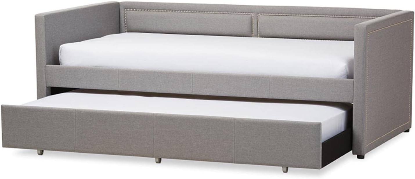Baxton Studio Raymond Modern and Contemporary Grey Fabric Nail Heads Trimmed Sofa Twin Daybed with Roll-Out Trundle Guest Bed