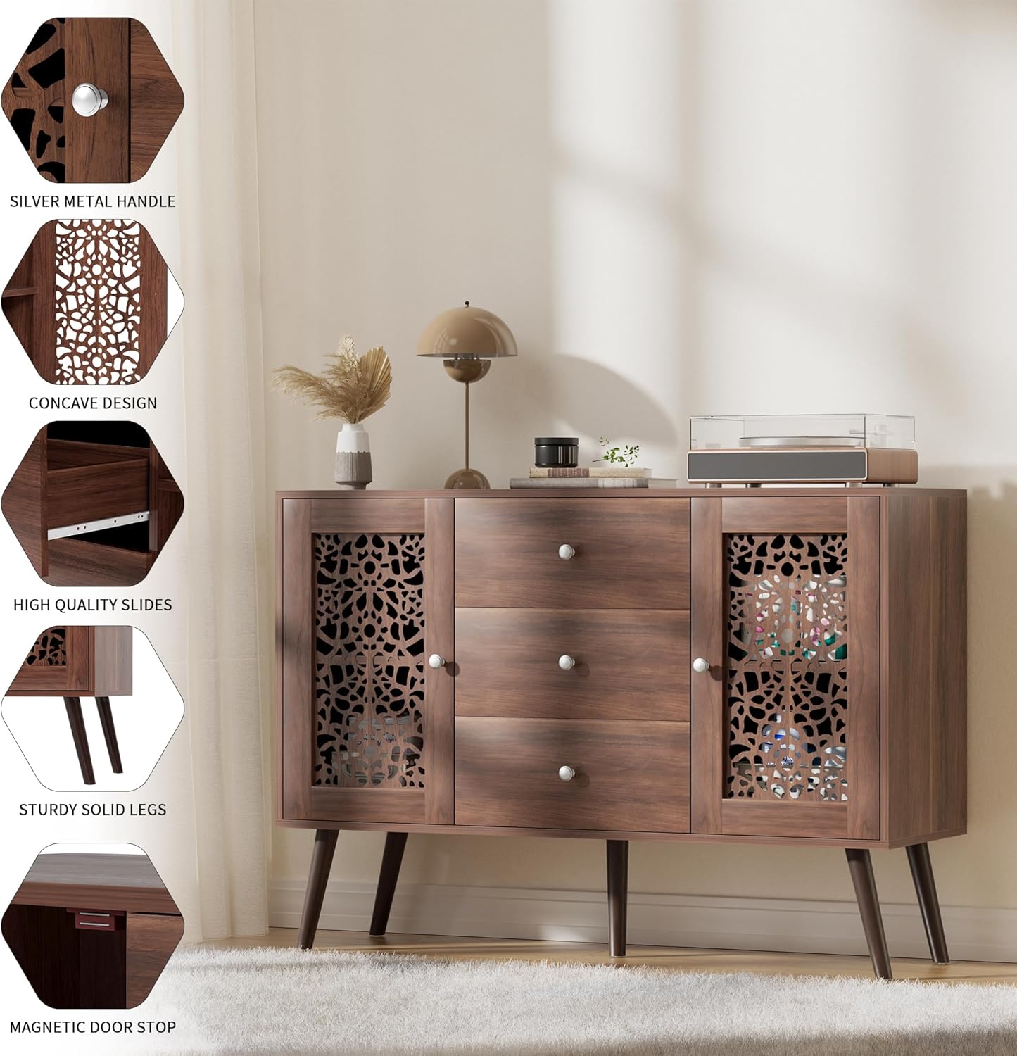 Hollow-Carved Accent Cabinet,Wood Coffee Bar Cabinet with 3 Drawers & 2 Doors, Adjustable Shelf,Retro Sideboard Buffet Cabinet for Dinning Room,Kitchen,Hallway,and Living Room