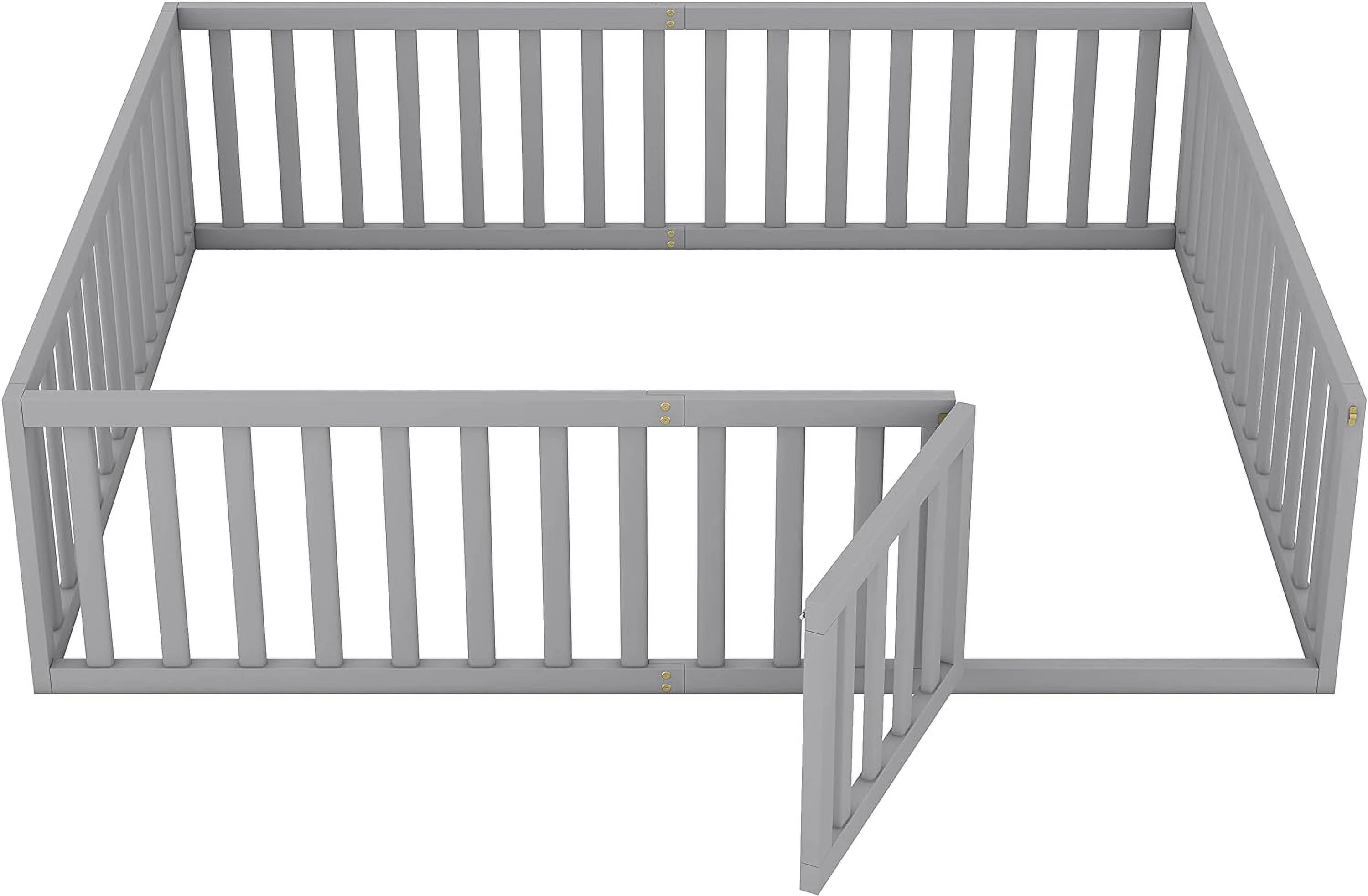 Queen Floor Bed With Fence For Kids, Montessori Floor Bed, Wood Platform Bed Frame Cabin Bed For Girls Boys, Gray