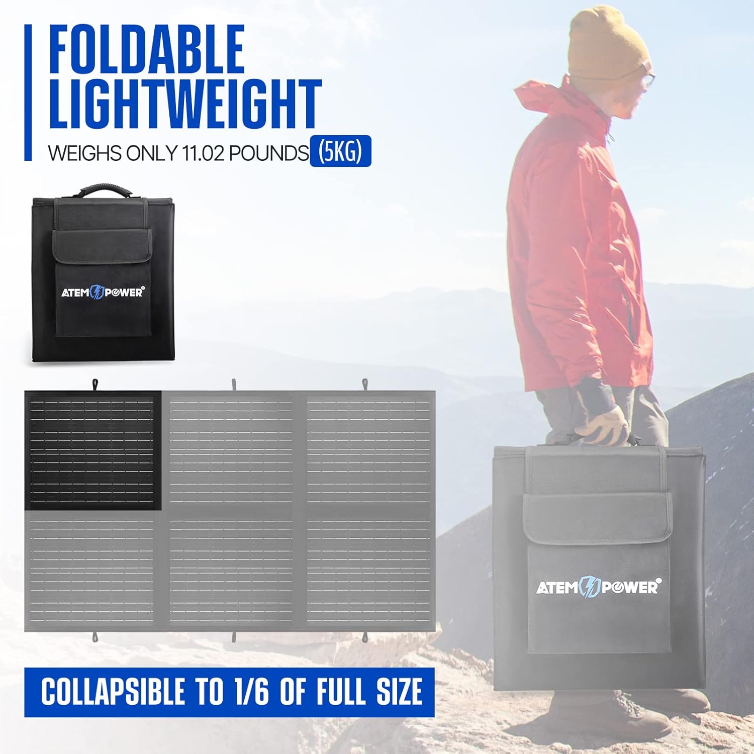 ATEM POWER 200W Portable Solar Panel - Foldable Solar Charger Monocrystalline with 20A MPPT Charger Controller 5V USB Output for 12V Batterires/Power Station Outdoor Camper RV Off Grid