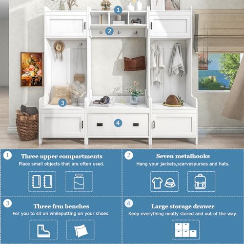 Hall Tree with Bench and Shoe Storage, White Entryway Bench with 7 Coat Rack, 4 Cabinet, 1 Drawer and Open Shelves, Large Mudroom Bench with Shoe Storage and Hooks for Hallway, Entry Way