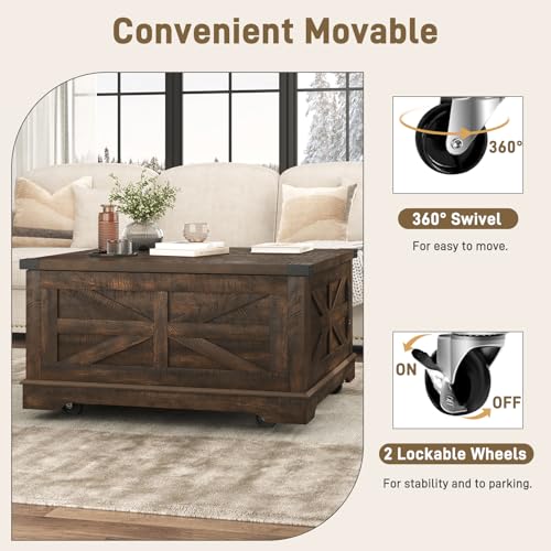 36" Farmhouse Movable Lift Top Coffee Table with Storage and Power Outlets, Square Wood Living Room Tables with Wheels&Large Hidden Space, Lift Wooden Barn Door Center Table, White