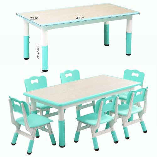 Kids Table and Chairs Set, Height Adjustable Desk With 6 Seats for Ages 2-10,Arts & Crafts Table,Graffiti Desktop, Non-Slip Legs, Max 300lbs, Children Multi-Activity Table for Classrooms,Daycares,Home