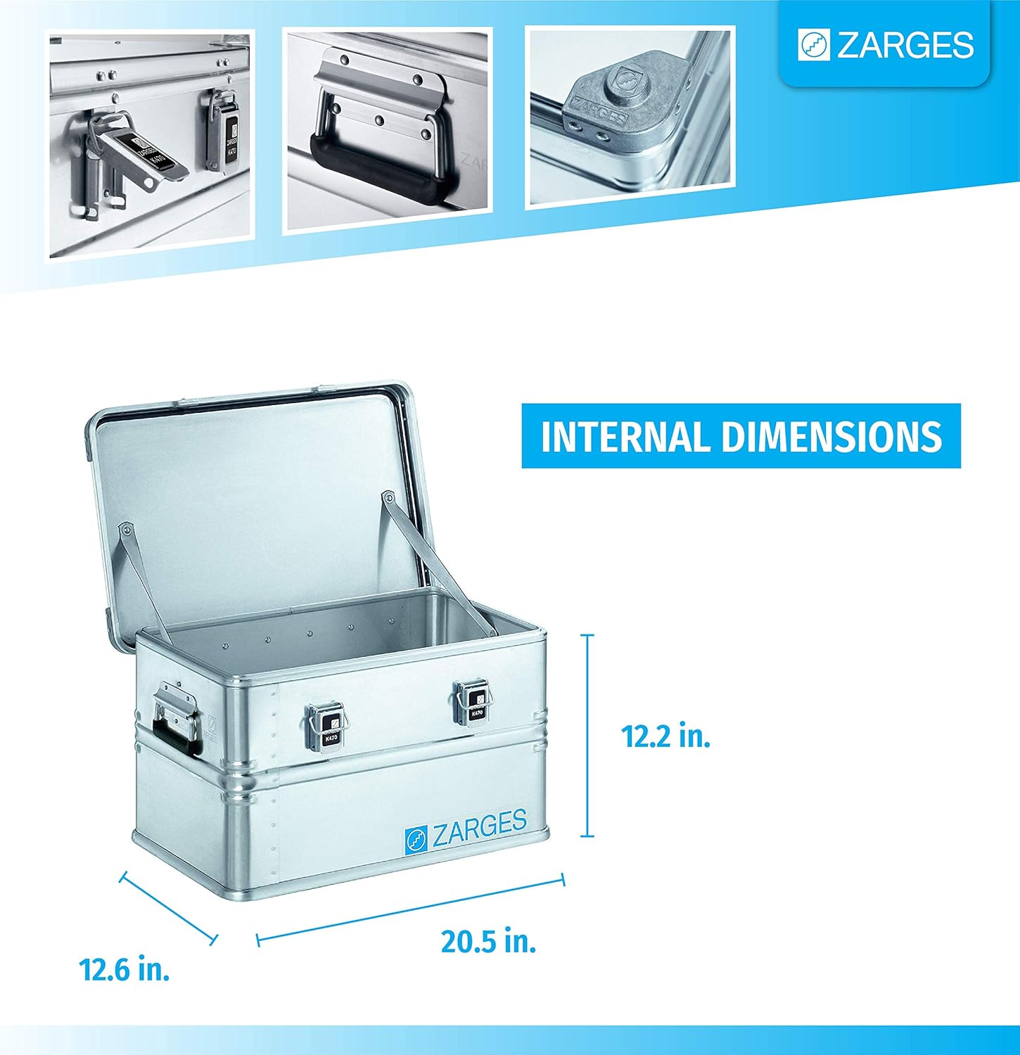 Zarges?K470 Aluminum Hard Protective Carrying Case, Portable Stackable Storage, Customizable Safe Lock Box, Dust and Water Resistant (44.1 x 28.3 x 18.9 Inches)