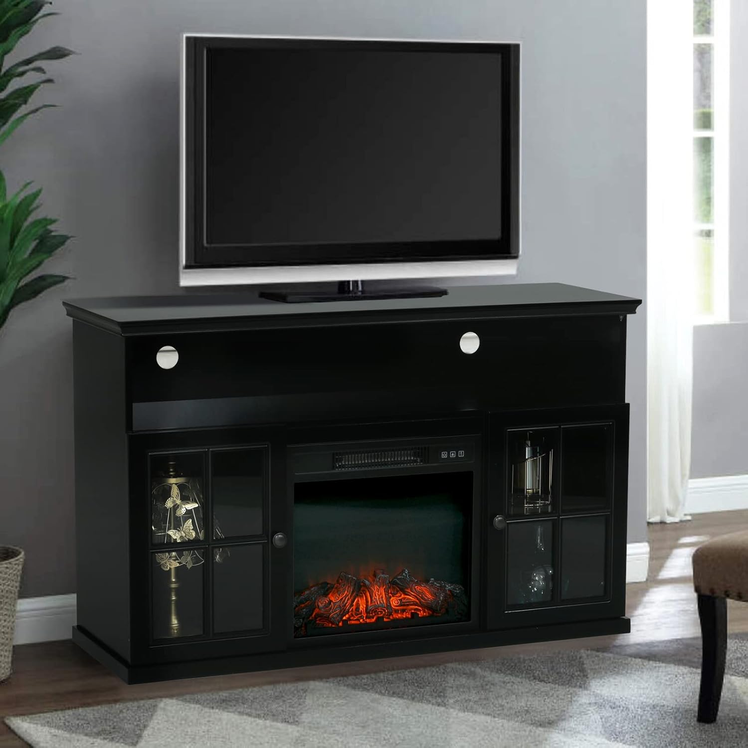 Sophia & William Farmhouse Electric Fireplace TV Stand for TV's Up to 65, Accent Decorative Barn Door Storage Cabinet Chest with 23 Insert Fireplace for Living Room Bedroom Home Office, Burlywood