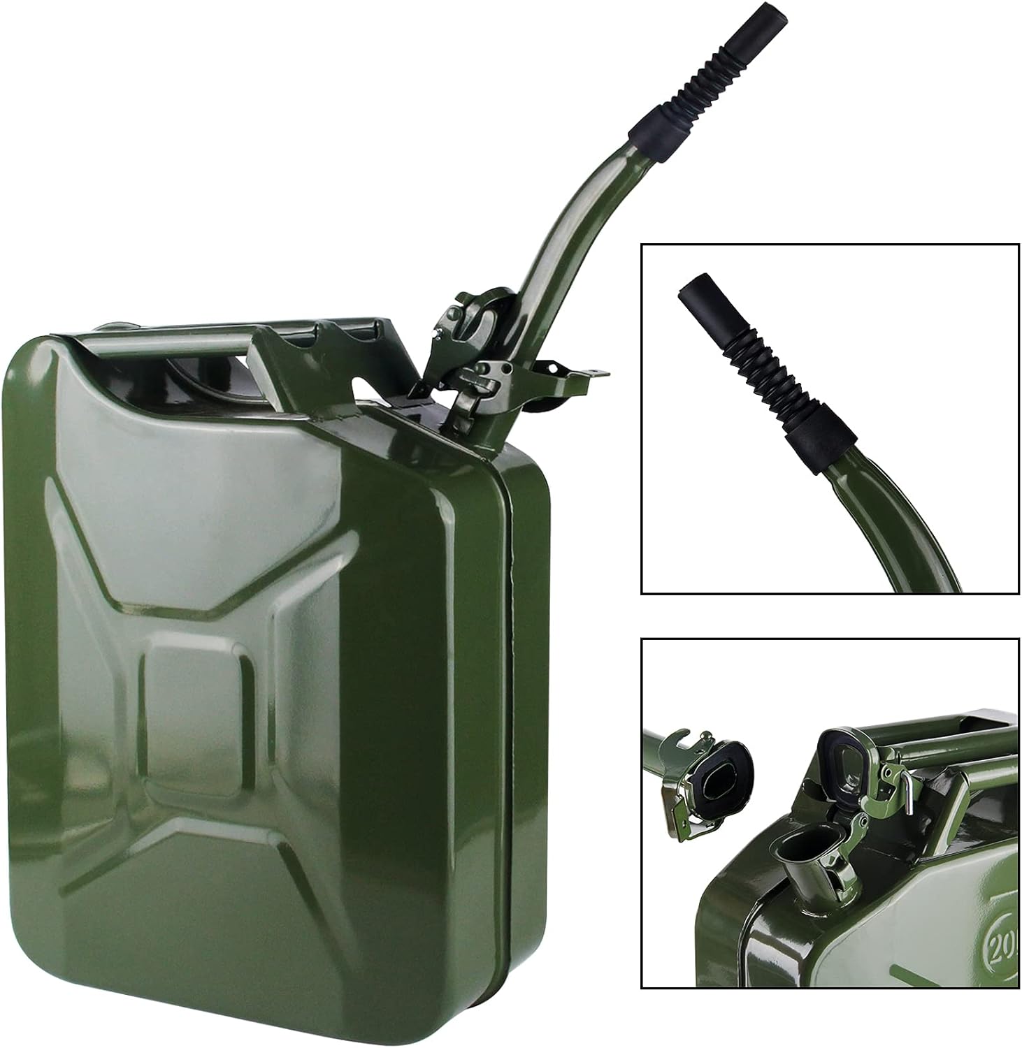 EONLION 20L 5 Gallon Metal Gas Can Gasoline Bucket for Cars, Trucks, Steel Fuel Can with Fuel Can and Spout System, US Standard (Army Green) Pack of 2
