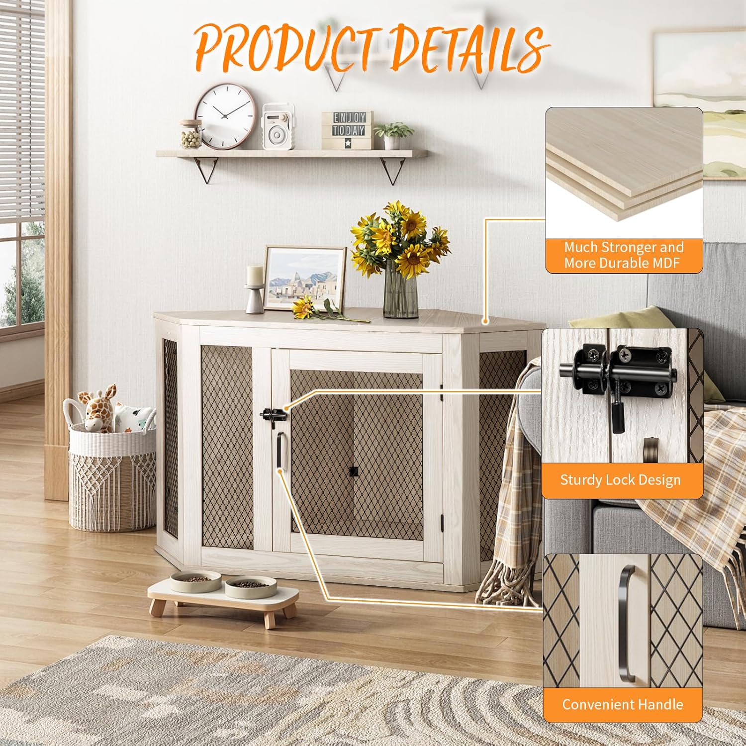 PUKAMI Corner Dog Crate Furniture,44/58inch Wooden Dog Kennel Furniture with Mesh,Decorative Wood Dog House for Indoor use,Dog Crate for Small/Medium/Large Dog,Perfect for Limited Room