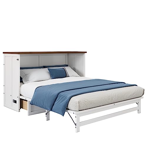 Murphy Bed Cabinet Queen Size with Bookcase and Drawer Bedside Shelves Combo/Charging Station,Space-Saving Foldable Murphy Chest Cube Bed-White