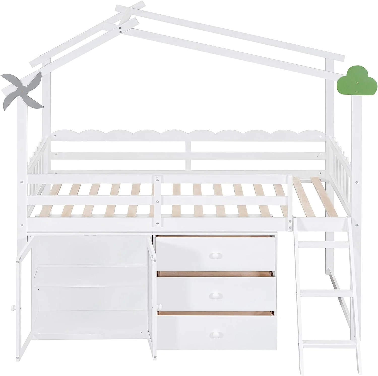 Momspeace Twin Size Loft Bed with Storage Cabinet and 3 Drawers, House Loft Bunk Beds with Roof, Black Boards and Guardrail - White