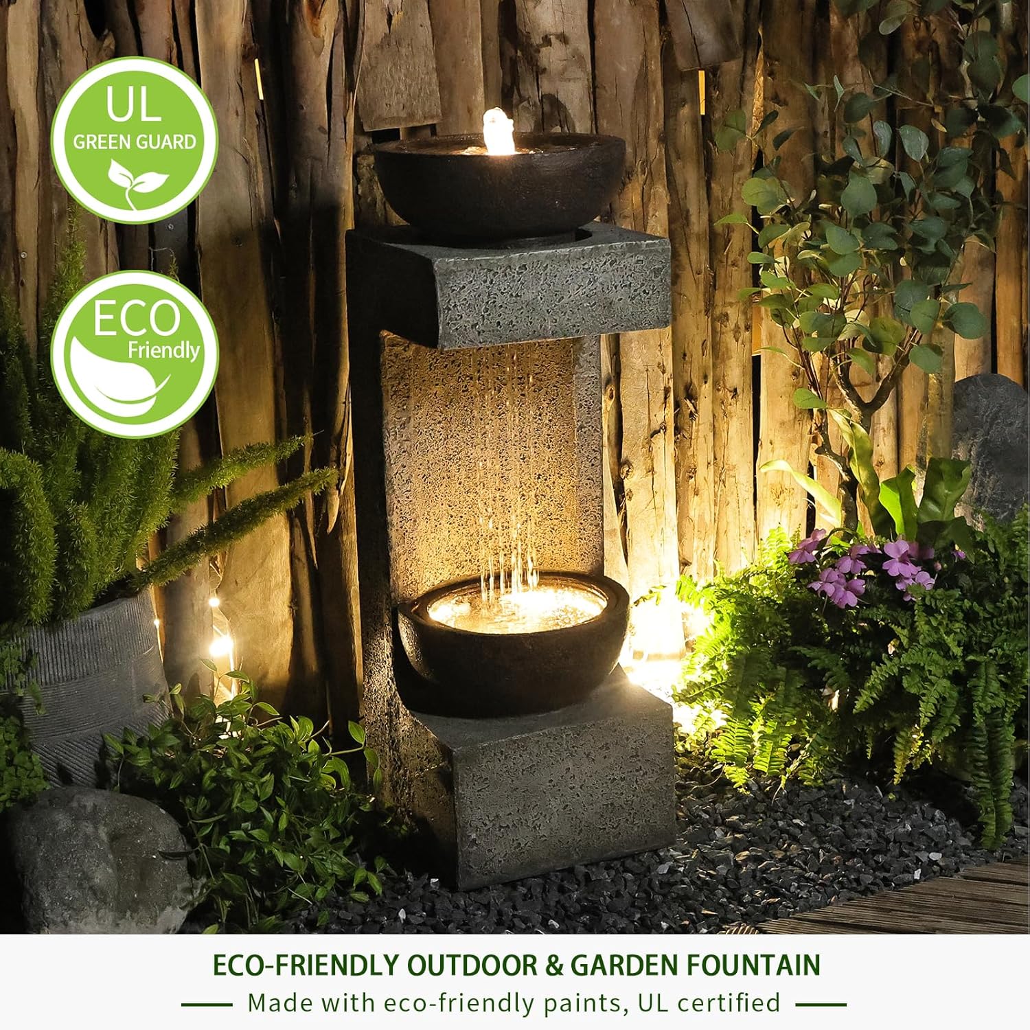 33.9" H Water Fountain Outdoor Garden Waterfall Decor for Garden, Patio, Backyard, Deck, Porch and Home Art Decor, Modern Tiered Outdoor Fountain with Lights and Stone Planter