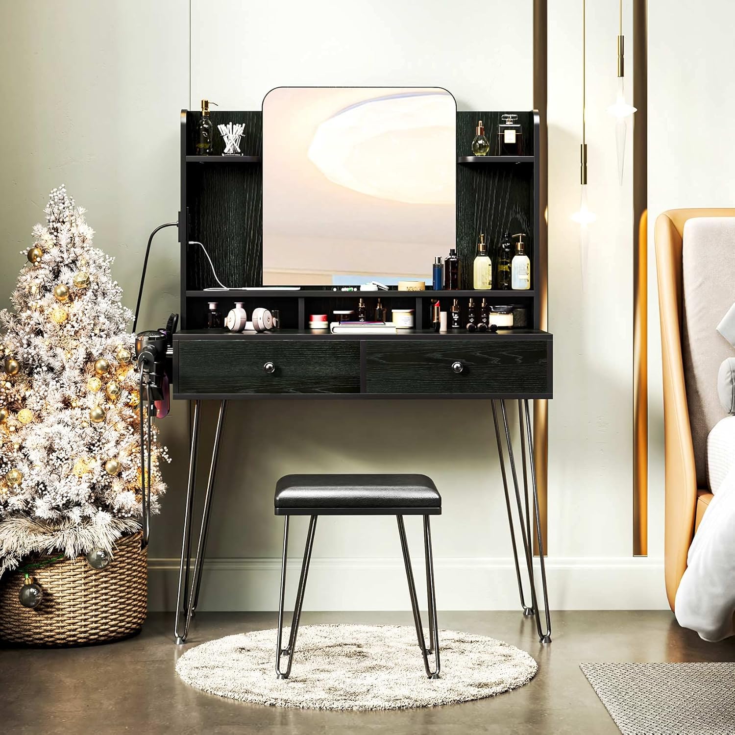 TC-HOMENY Makeup Vanity with Charging Station, Vanity Desk with 2 Drawers and Mirror, Black Vanity Desk Storage Shelves and Cushioned Stool, Vanity Table with Metal Hairpin Legs