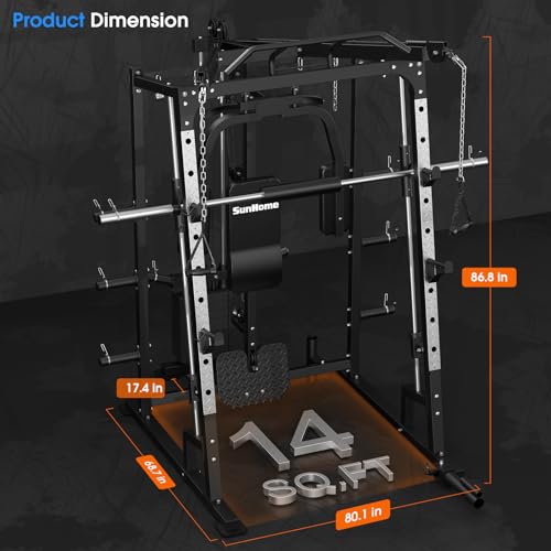 SunHome Smith Machine, 2000LBS Power Cage Squat Rack with Smith Bar, Two LAT Pull-Down Systems, Cable Crossover Machine and and More Cable Attachment for Home Gym