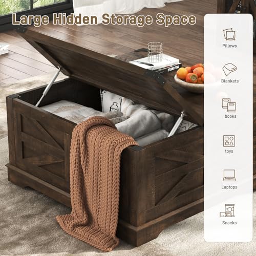36" Farmhouse Movable Lift Top Coffee Table with Storage and Power Outlets, Square Wood Living Room Tables with Wheels&Large Hidden Space, Lift Wooden Barn Door Center Table, White
