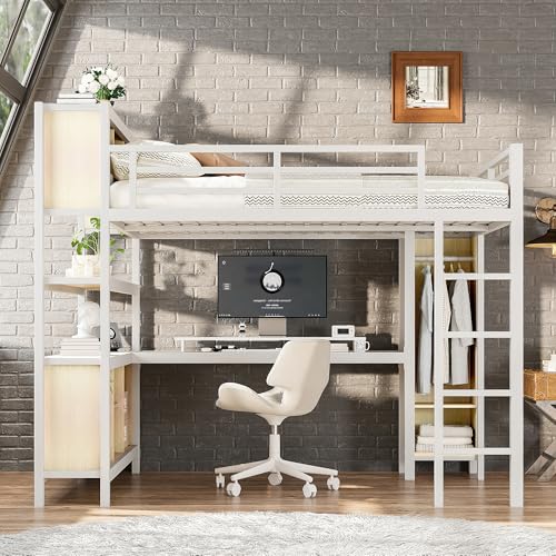 Linique Metal Loft Bed with Wardrobe & L-Shaped Desk - Sturdy Space-Saving Loft Bed Includes Storage Cubes, Shelves for Kids, Teens, Adults (White, Queen)