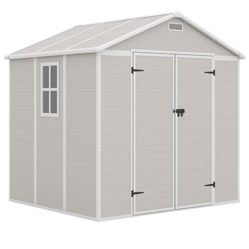 Outdoor Storage Shed, 6x6 FT Resin Shed with Floor and Lockable Door, Window, Vents, Tool Sheds and Outdoor Storage for Bike, Garden Accessories, Tools, Waterproof (Grey & White)