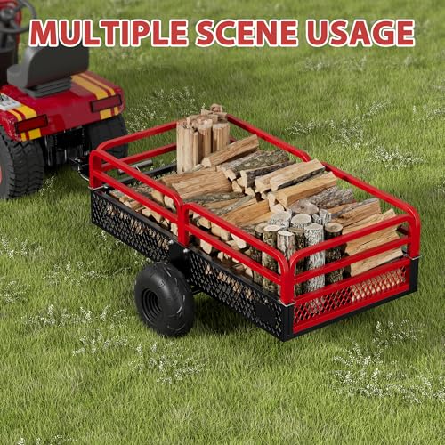 ATV UTV Trailers Tow Behind Dump Cart, 1500lbs Utility Trailers W/Support Stand, Heavy Duty Carts with Wheels, Yard Garden Cargo Wood Trailer Steel Dump Trailer for Lawn Mower Tractor (Red)