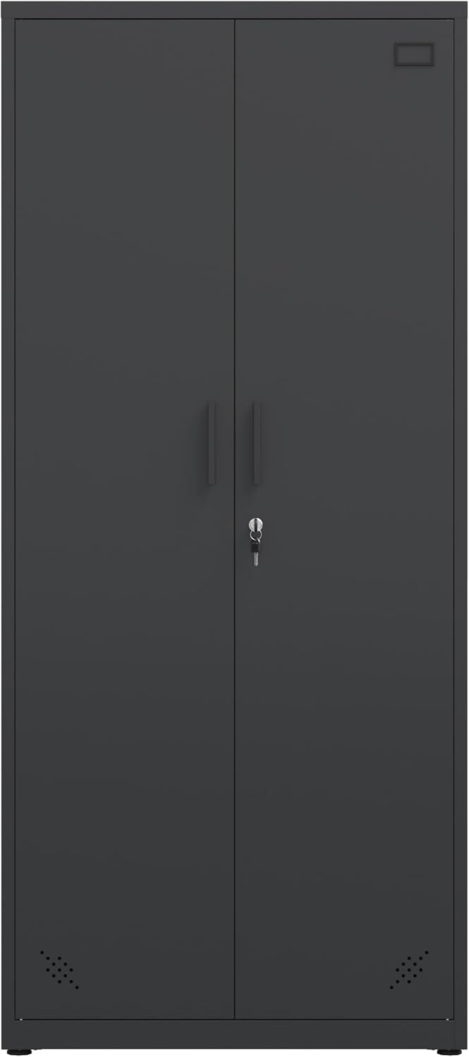 Metal Garage Storage Cabinet, Tall Locking Steel Storage Cabinet with 2 Doors and 4 Adjustable Shelves,Lockable Storage Cabinet for Home, Office, Warehouse（Black）