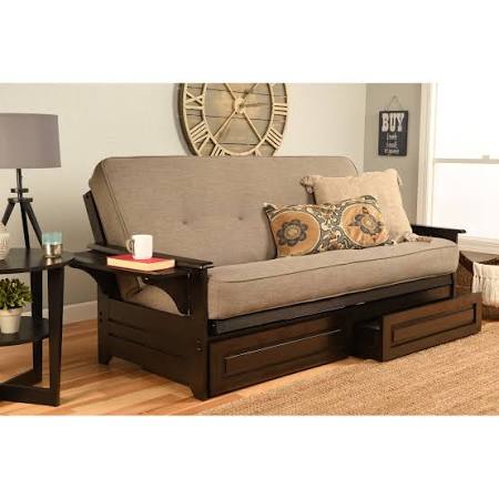 Porch & Den DeSoto Espresso Full-Size Futon Frame with Innerspring Mattress and Storage Drawers (Suede Navy), Blue