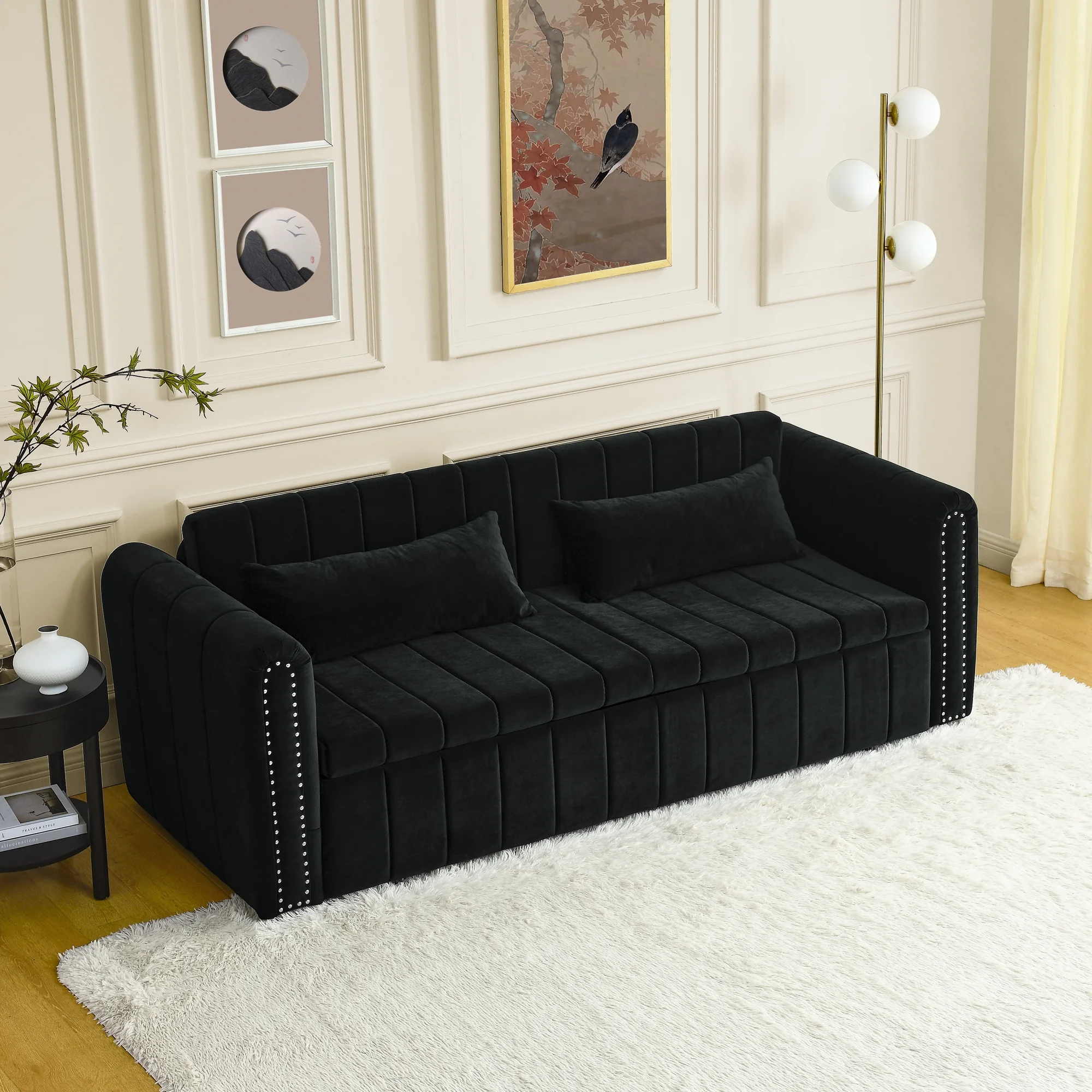3-in-1 Convertible Sleeper Sofa Bed,Pull-Out Bed Sleeper with Rolled Arms Decorated with Copper Nails,Modern Upholstered 3 Seats Sofabed with Two Drawers and Two Pillows,Black - Curated Treasures Market