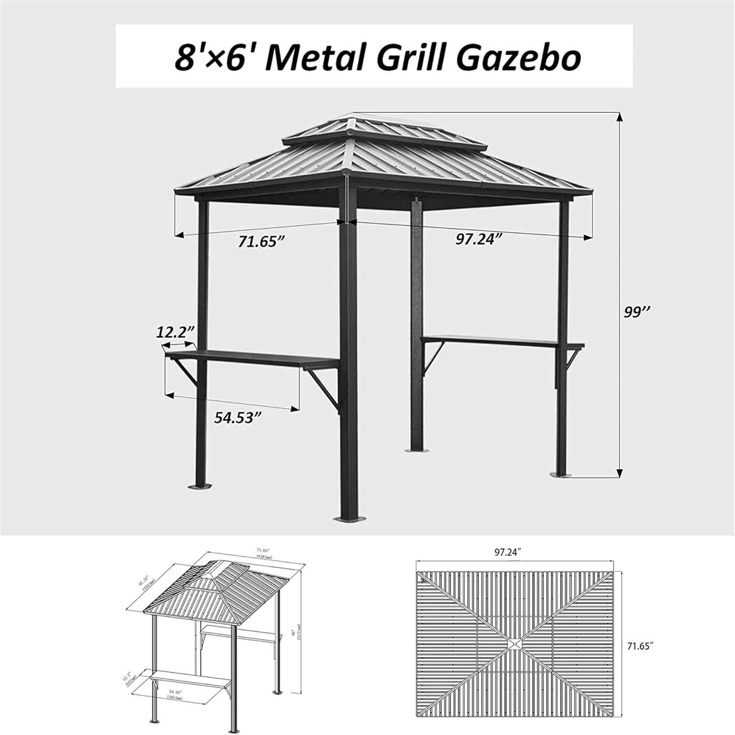 8x6FT Outdoor Aluminum Hardtop Grill Gazebo with 2 Shelves Serving Tables and Double Roof Hard Top, BBQ Pergolas w/Triangular Stand Pole&Hooks, Canopy for Patio Lawn Deck Garden Cooking Shade, Gray