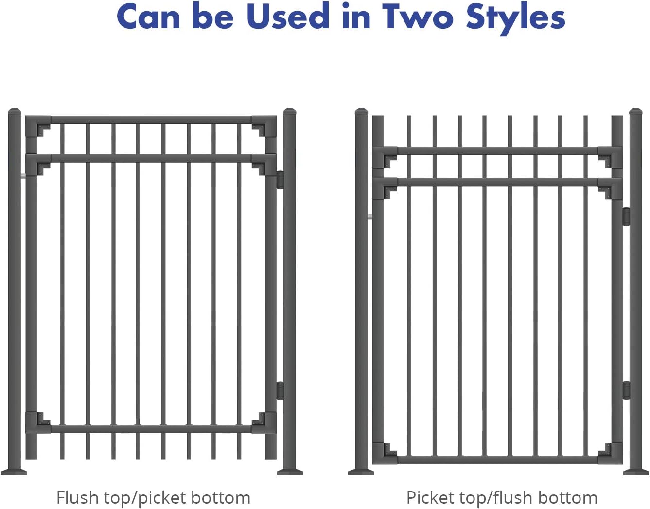 XCEL Fence: Black Steel Anti-Rust Gate, Flat End Top Pickets, Close Bottom Cross Rail or Option to Flip- 4ft W x 5ft H - DIY Installation Kit, for Outdoor, Yard, Pario, Entry Way, on Soil or Concrete.