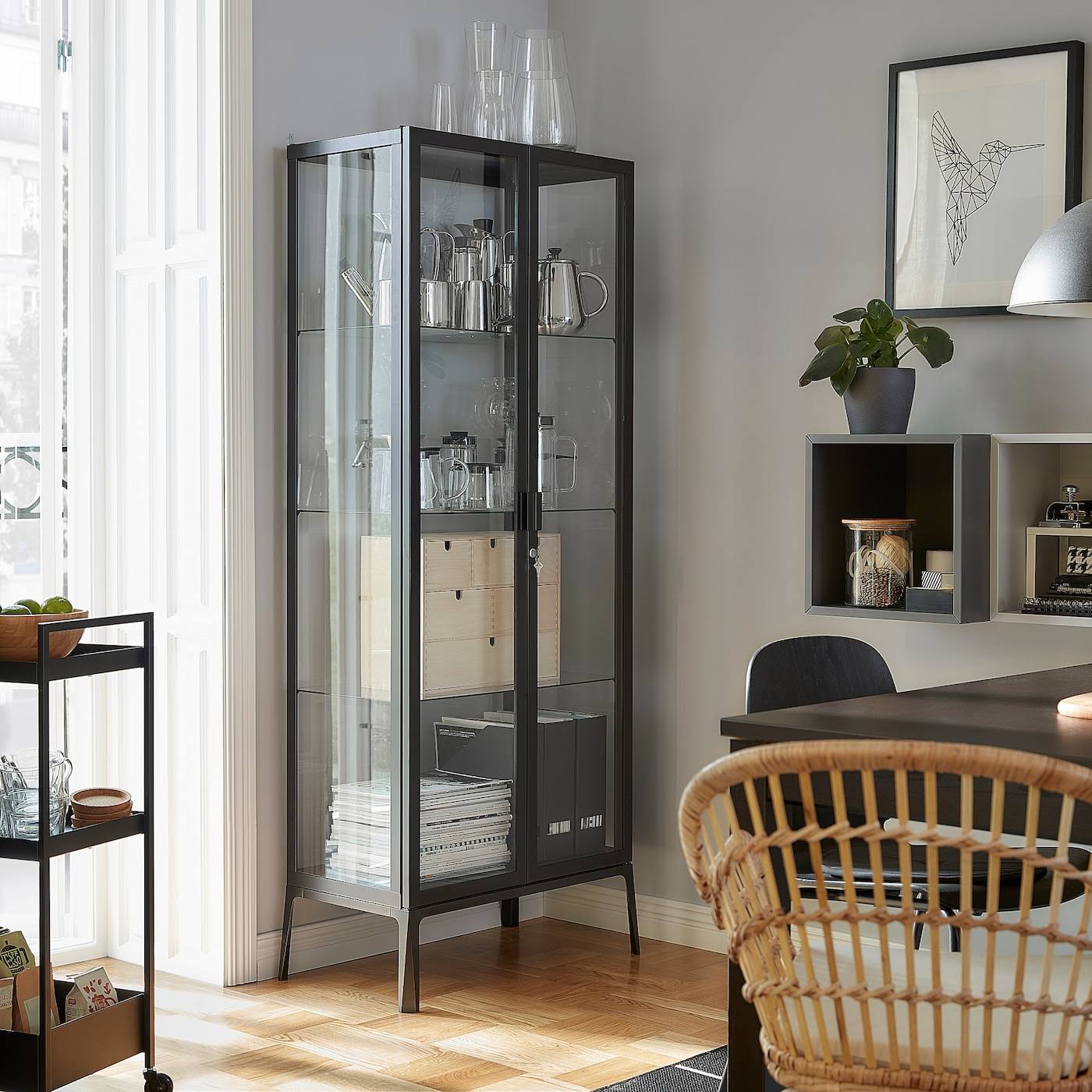 IKEA - MILSBO Glass-Door Cabinet, Anthracite, 28 3/4x68 7/8