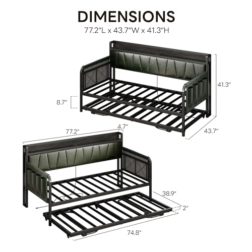 LIKIMIO Daybed with Trundle Bed, Twin Bed Frame with Storage Headboard and Charging Station, Sofa Day Bed with Strong Supports for Living Room, Bedroom, and Guest Room, Grey