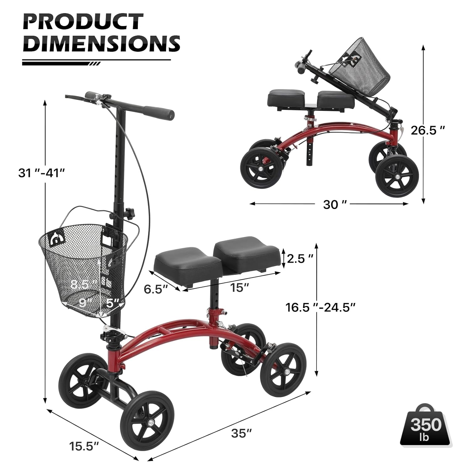 Knee Walker Compact Heavy Duty Roller Scooter Adjust Height 7.5'' Wheels Knee Scooter with Right Handbrake and 15" Length Knee Pad for Ankle and Foot Injured 350lbs Capacity, Red