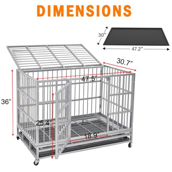 54/48/42/38 inch Heavy Duty Indestructible and Escape-Proof Dog Crate Cage Kennel for Large Dogs, High Anxiety Dog Crate with Removable Wire Trays and Wheels, Extra Large XL XXL