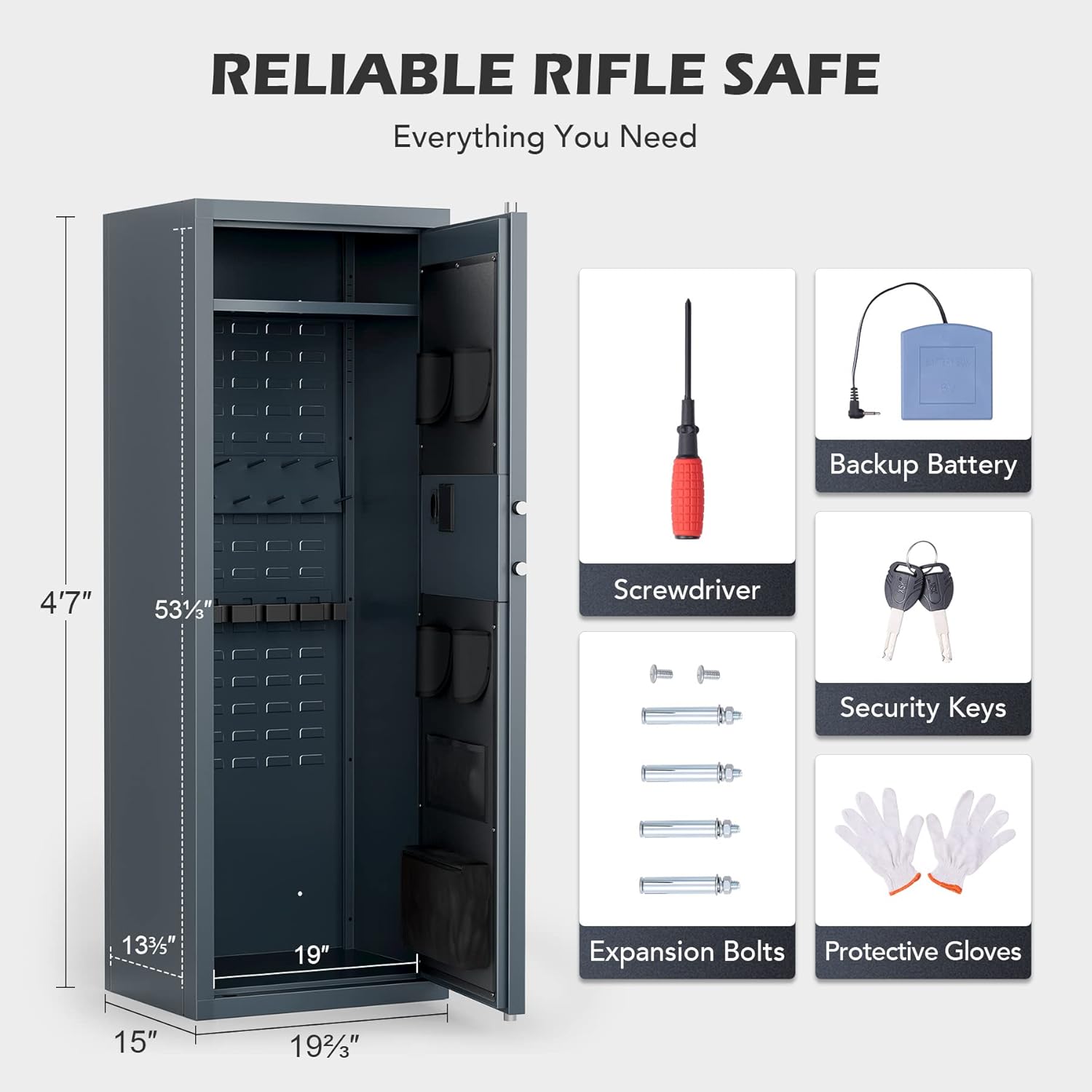 HIRAM Large Gun Safe for Home Rifle and Pistols, Biometric Gun Safe Cabinet with Fingerprint Keypad Locks Adjustable Racks Shelf Alarm, Assemble Case for 6 Long Guns 12 Handguns Shotguns, 56*20*15 In