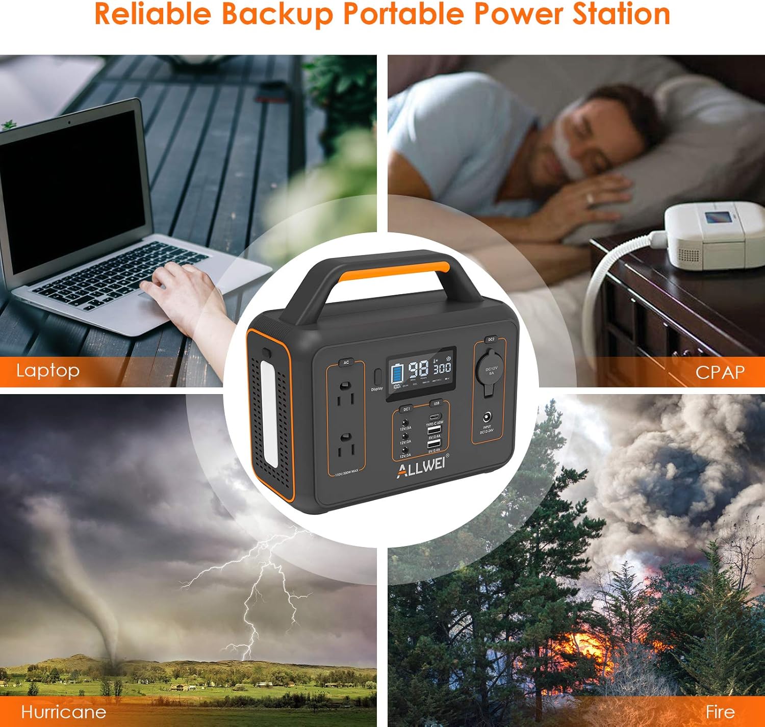 ALLWEI Portable Power Station, 280Wh Backup Lithium Battery, Regulated DC for mini Cooler, USB-C PD60W, 300W Pure Sine Wave AC Outlet Solar Power Generator for Outdoors Camping Travel Emergency