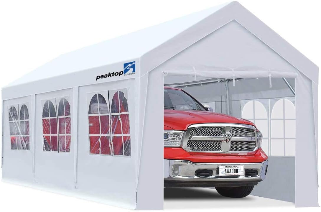PEAKTOP OUTDOOR 10 x 20 ft Upgraded Heavy Duty Carport Car Canopy with Removable Sidewalls, Portable Garage Tent Boat Shelter with Reinforced Triangular Beams and 4 Weight Bags,White