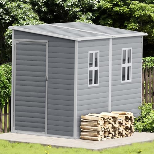 8x6x7 FT Resin Storage Shed, Waterproof Outdoor Storage Shed w/Floor, 2 Windows, Double Lockable Doors & Vents, Tool Shed for Patio Garden, Lawn, Backyard, Dove Grey