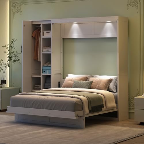 Harper & Bright Designs Queen Size Murphy Bed Wall Bed with Storage Shelves, Wardrobe and LED Lights, Space-Saving for Multipurpose Guest Room or Home Office, Gray