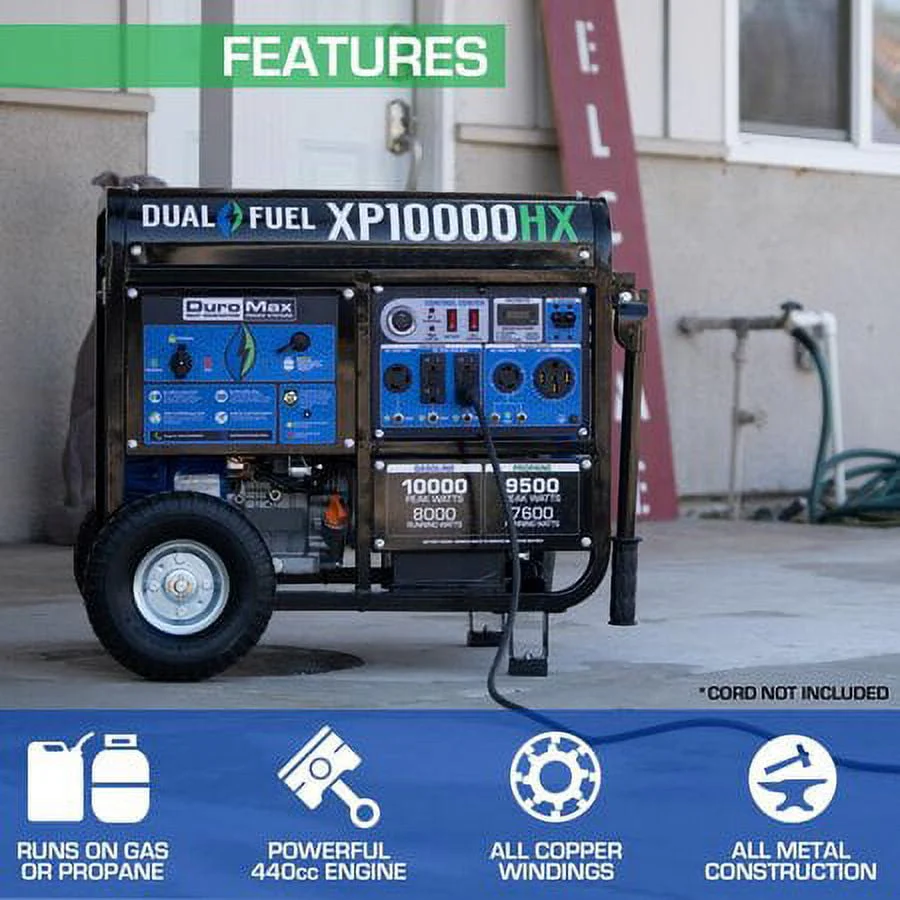 DuroMax XP10000HX 10,000 Watt Portable Dual Fuel Gas Propane CO Alert Generator