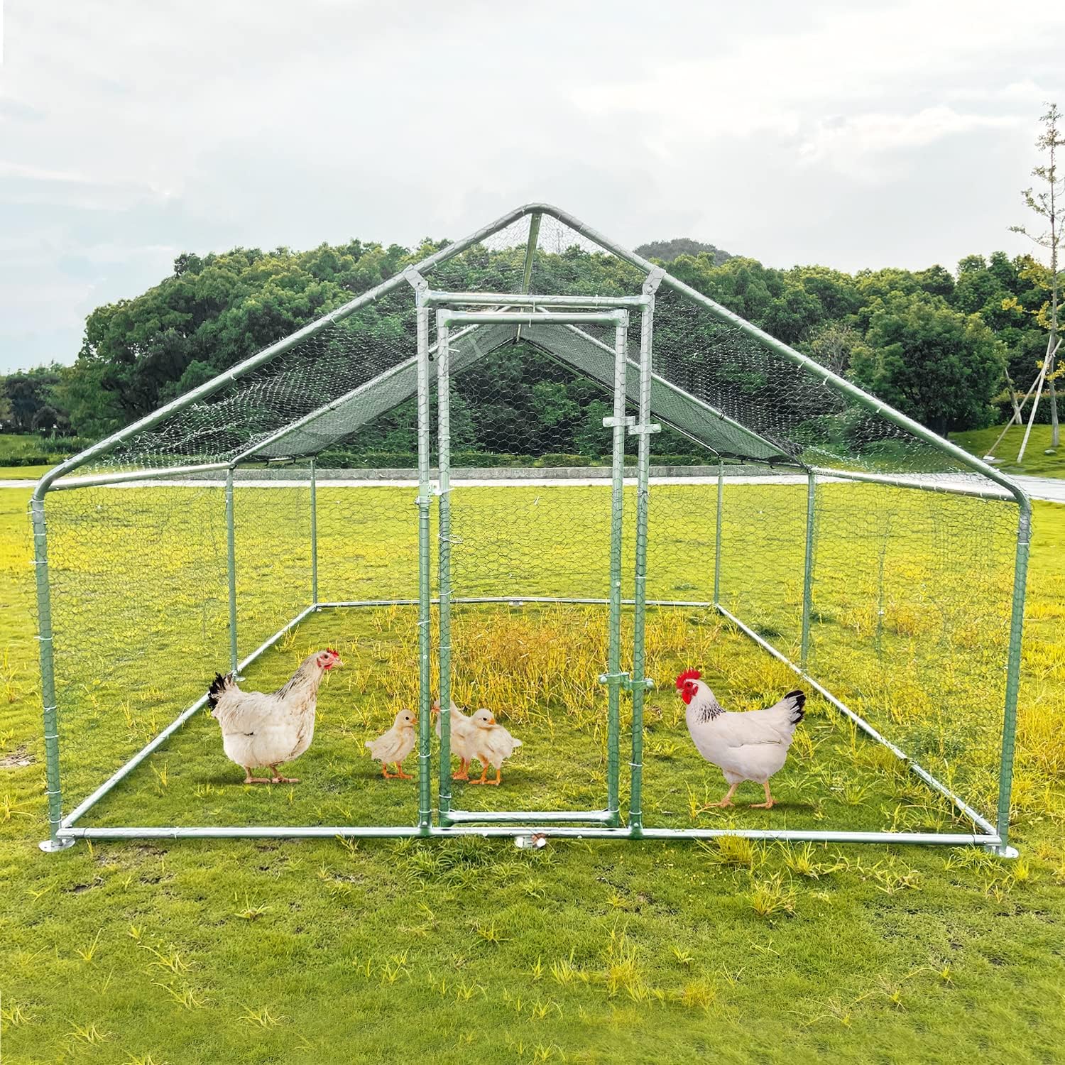 Large Metal Chicken Coop Walk-in Poultry Cage Chicken Run Duck House Chicken Pen with Waterproof and Anti-Ultraviolet Cover for Outdoor Yard Farm(9.8' L x 13.1' W x 6.4' H)