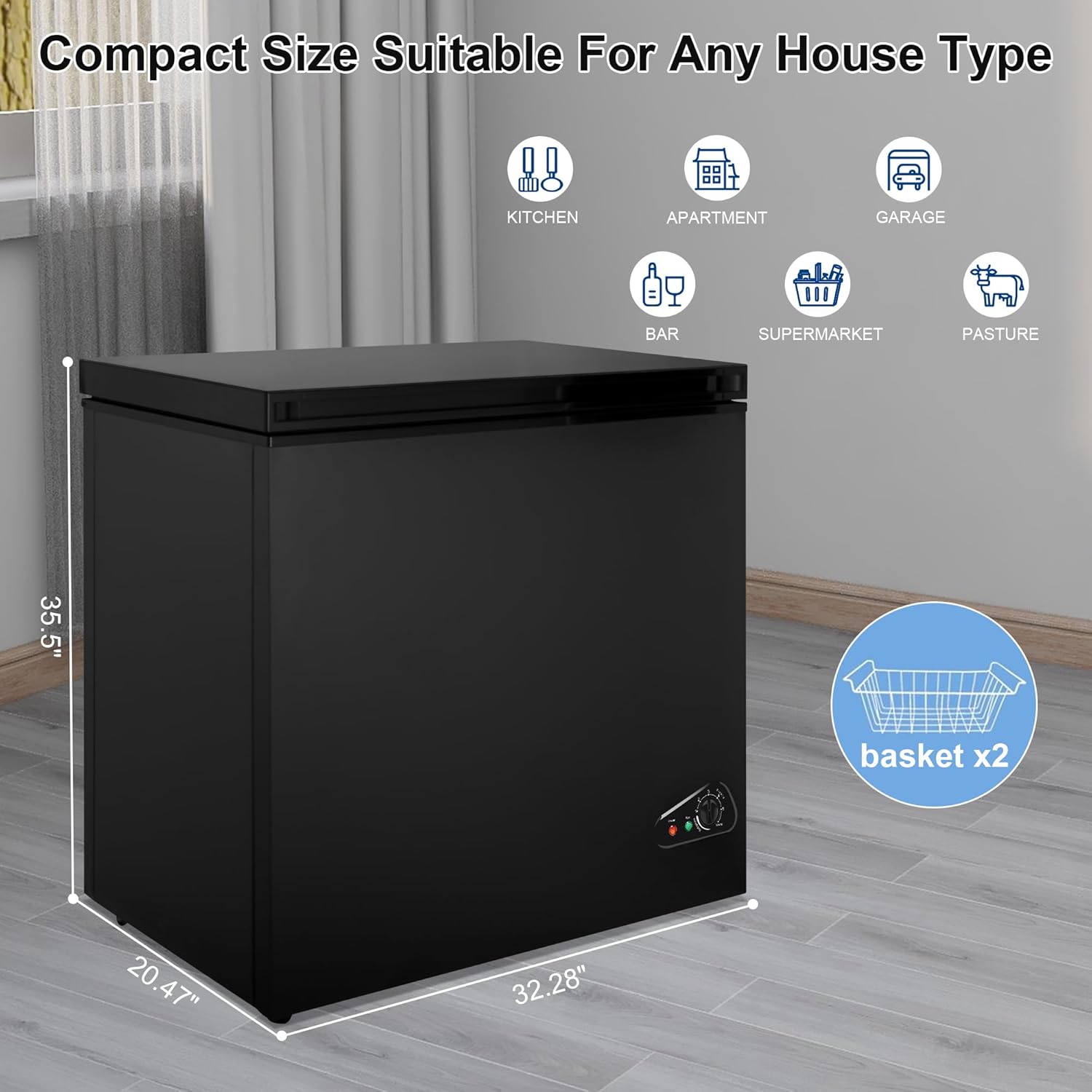 Black Chest Freezer Small Deep Freezer 9 Cu.Ft Free-Standing Top Door Freezer with Adjustable 7 Thermostat and 2 Removable Basket, Compact Freezer for Garage Basement Apartment Kitchen