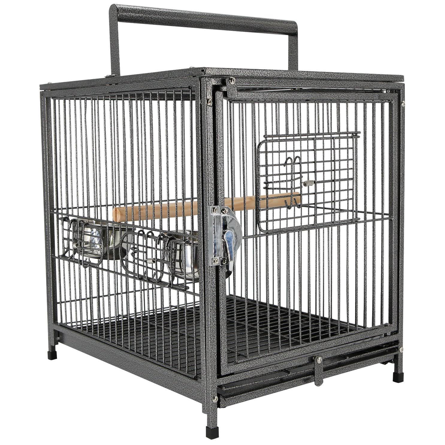 PawHut 22x22 Heavy Duty Wrought Iron Travel Bird Cage Carrier with Handle Perch and Accessories - Black
