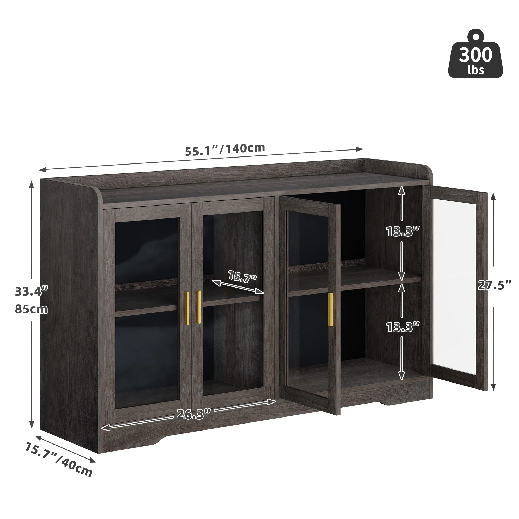 Dextrus Sideboard Buffet Cabinet with LED Light & Doors, Modern Wood Acrylic Glass Sideboard Storage Cabinet Cupboard, Sideboard Buffet Table for Kitchen, Dinning Room, Living Room, Gray
