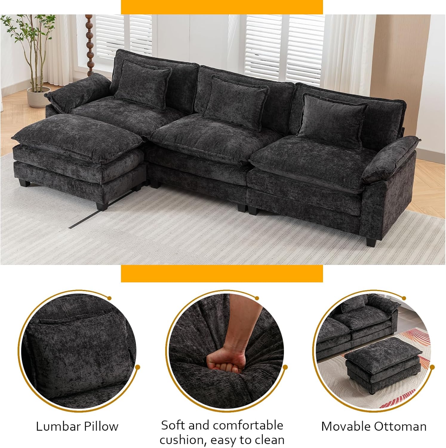 IPKIG 117" Sectional Sofa, Chenille L-Shaped Couch Comfy Upholstered 3-Seat Sofa with Ottoman, 3 Lumbar Pillow, Deep Seat Modular Oversized Couch for Living Room, Apartment, Studio (Black, 4-Seat)