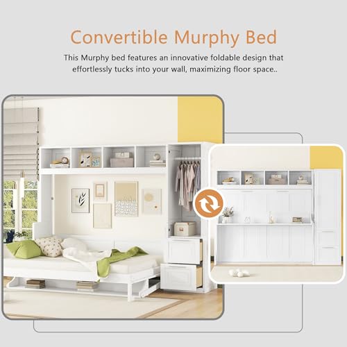 Linique Full Size Murphy Cabinet Storage Wall Bed with Closet and Drawers and Built-in Top Shelf,Hide a Bed on a Wardrobe Space Saving Design,Gray