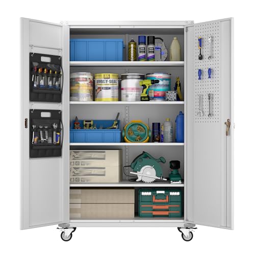 Aobabo Garage Storage Cabinet with Wheels,72" H Metal Storage Cabinet with 2 Doors and 4 Adjustable Shelves for Garage Home, Black,Required-Assembly