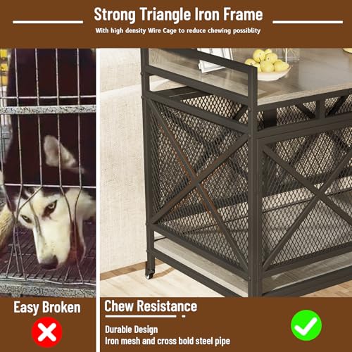 Large Dog Crate Furniture, 48 Inch Wooden Dog Kennel for XLarge Dogs, Heavy Duty Dogs Furniture Indoor Wire Dog Cage with Adjustable Feet & 360° Wheels, Decorative Pet House End Table, Grey
