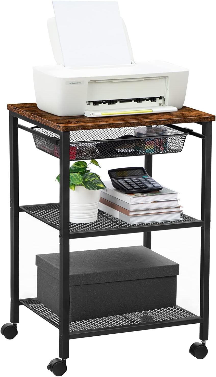 HOOBRO Mobile Printer Stand, 3-Tier Printer Cart with Storage Shelf, Adjustable Metal Mesh Basket, Machine Cart on Wheels, Industrial Style in Home Office, Rustic Brown and Black BF23PS01