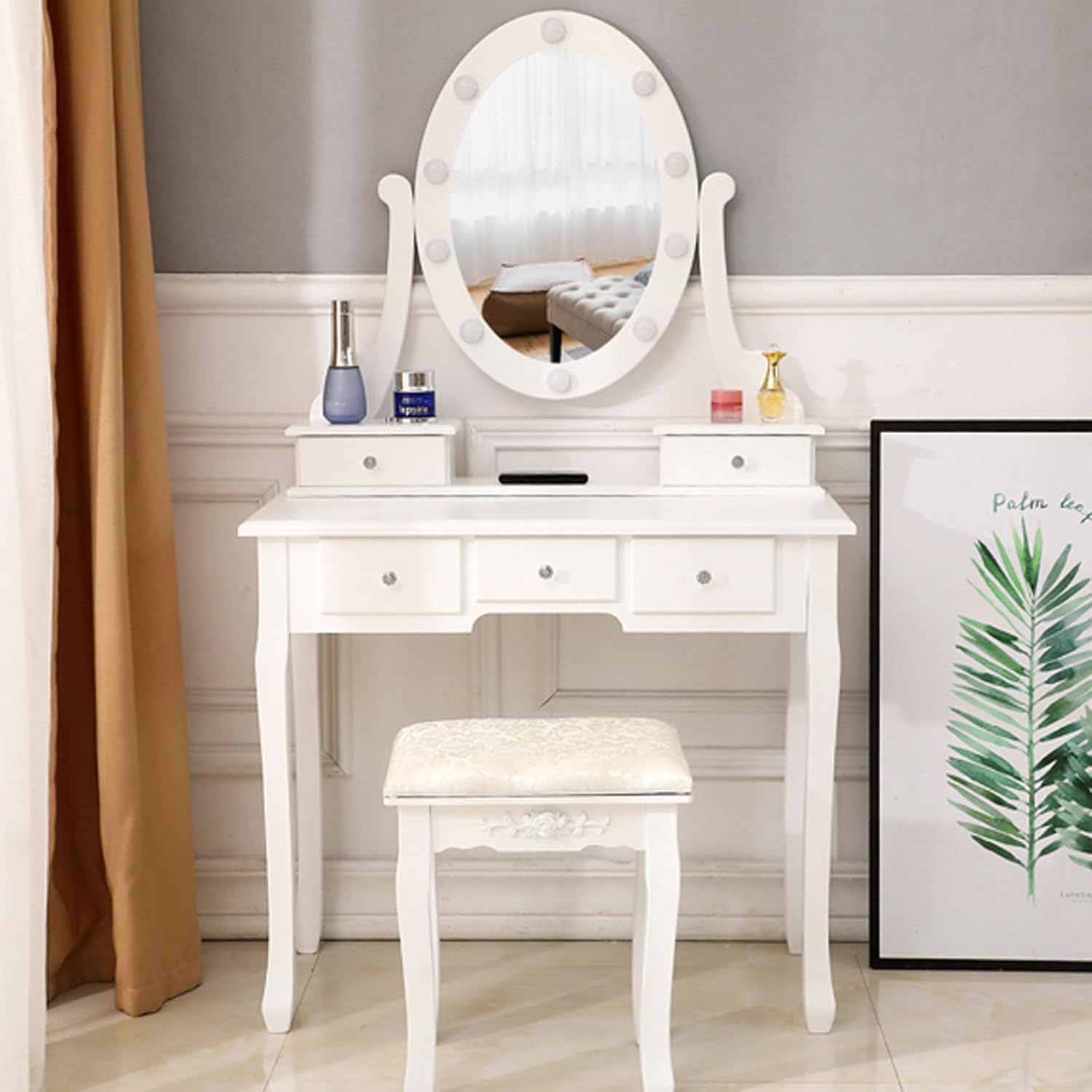 Vanity Desk with Mirror, Makeup Vanity Table with Lights and 5 Drawers Dressing Table for Bedroom Dressing Room