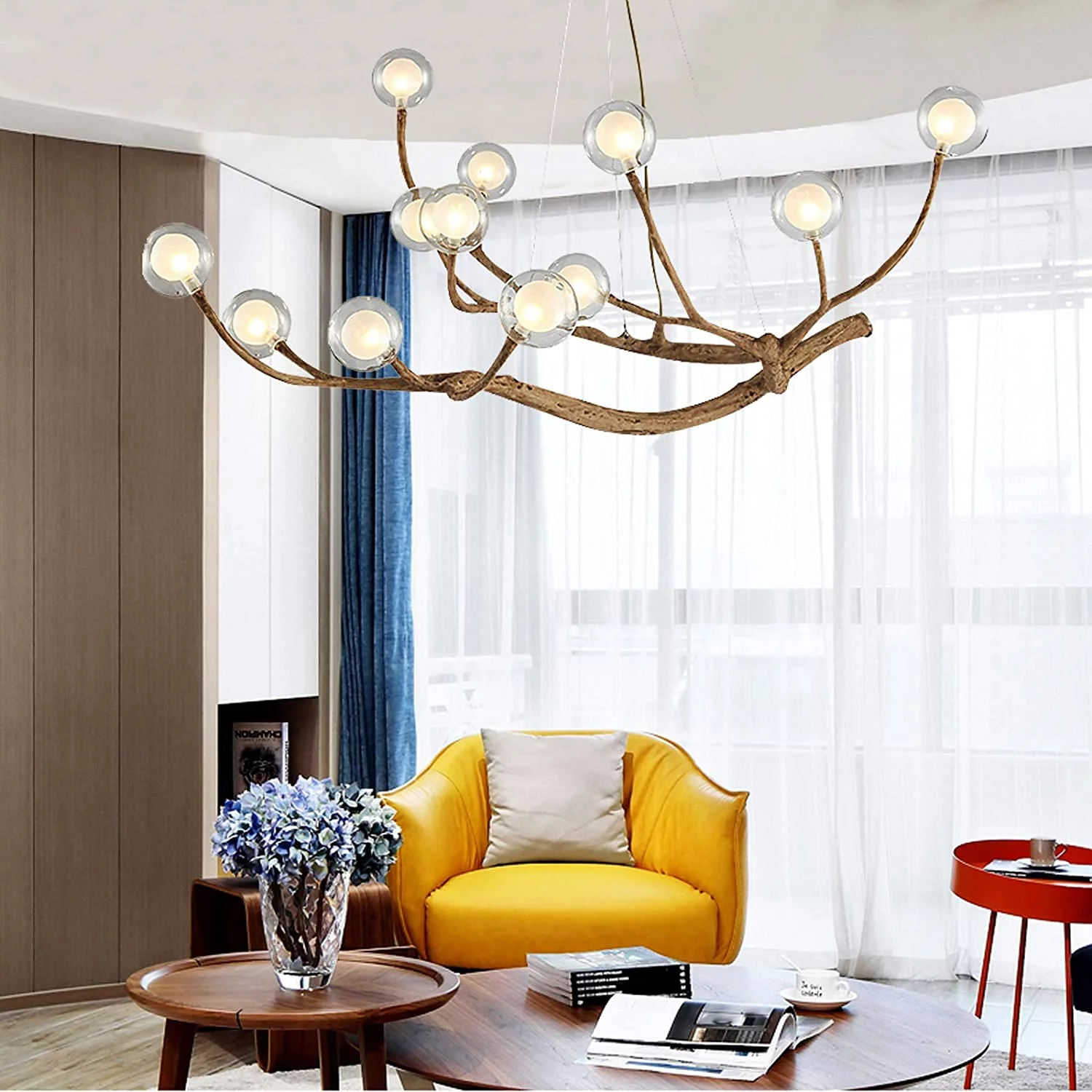 Miumaeov Modern Wood Branch Chandelier, 12 Lights Glass Bubble LED Pendant Ceiling Light, Adjustable Hanging Vintage Flush Mount Ceiling Light Fixture