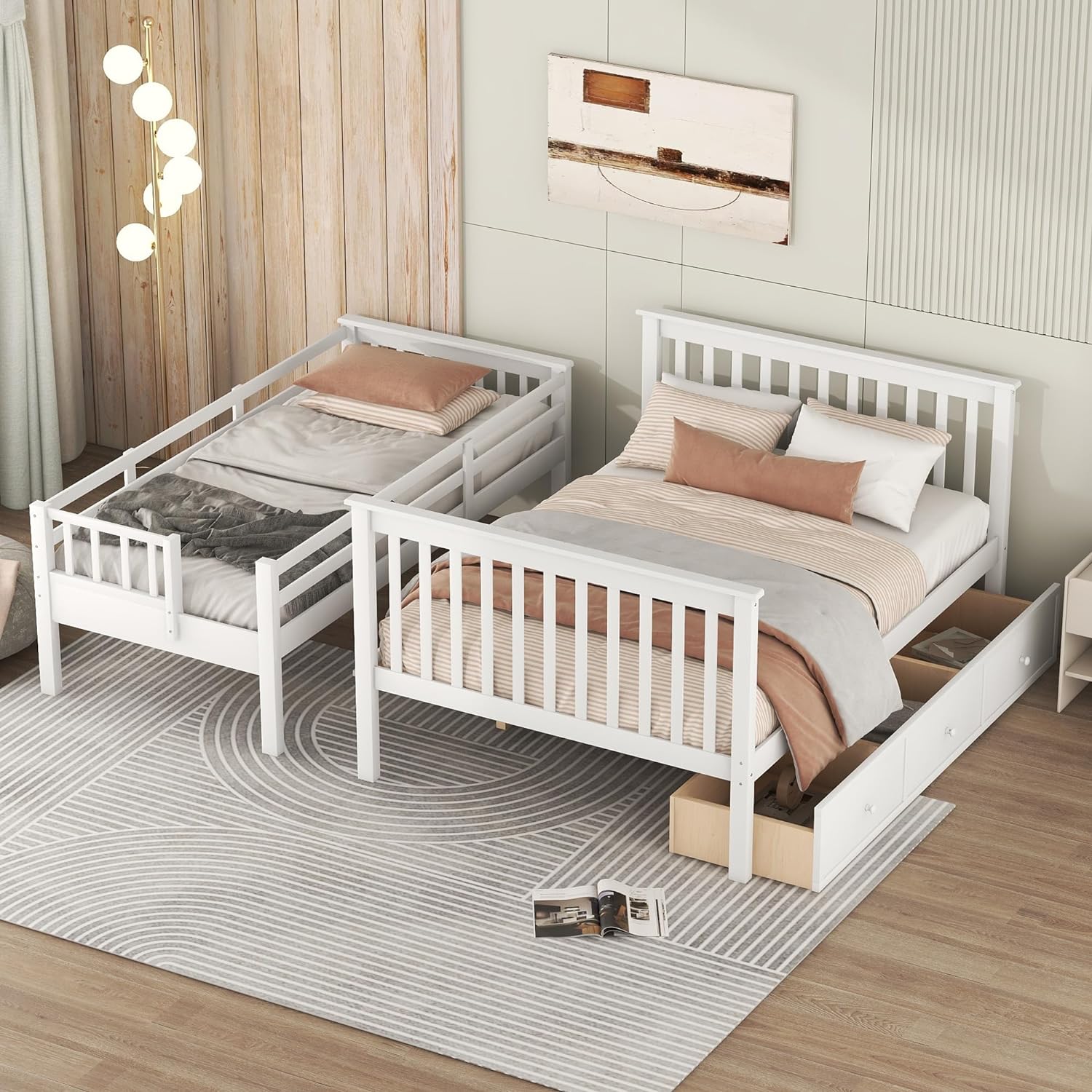 Over Full Bunk Bed With Stairs, Solid Wood Stairway Bunk Bed With Storage Drawers For Kids Teens Adults, Bedroom, Dorm (White)