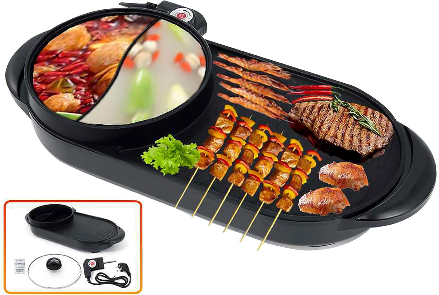 Electric Grill Hot Pot - Double Pot Barbecue Integrated Cooker with 2-in-1 Multifunctional Portable Design for Electric Baking and Barbecue - Perfect for Indoor and Outdoor Cooking Needs!